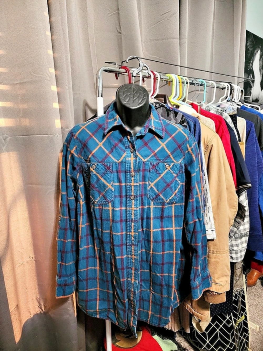 U-Turn Plaid Cotton Shirt in Blue & Orange Large